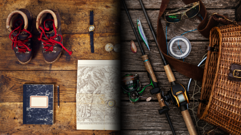 Shoes, books, and fishing rots on a table.