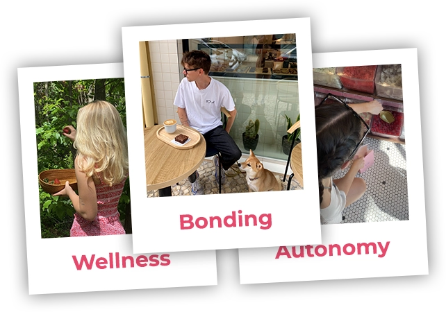 Series of three polaroid-like images with the words: Wellness, Bonding, and Autonomy